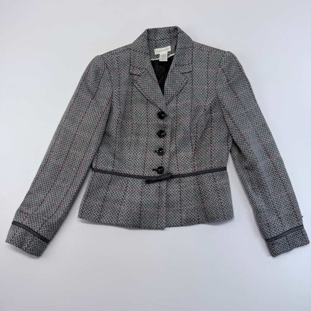 Worthington Womens Grey Plaid Button Up Blazer Jacket with Bow Detail Size 6